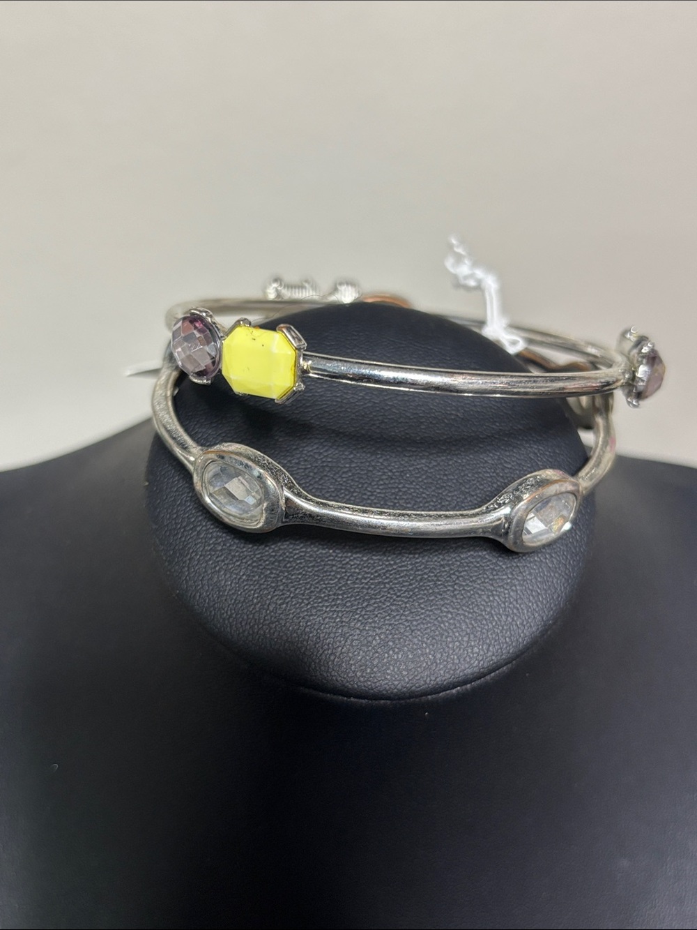 Set of 2 Silver-Tone Bangle Bracelet Set with Yellow and Clear Stones
